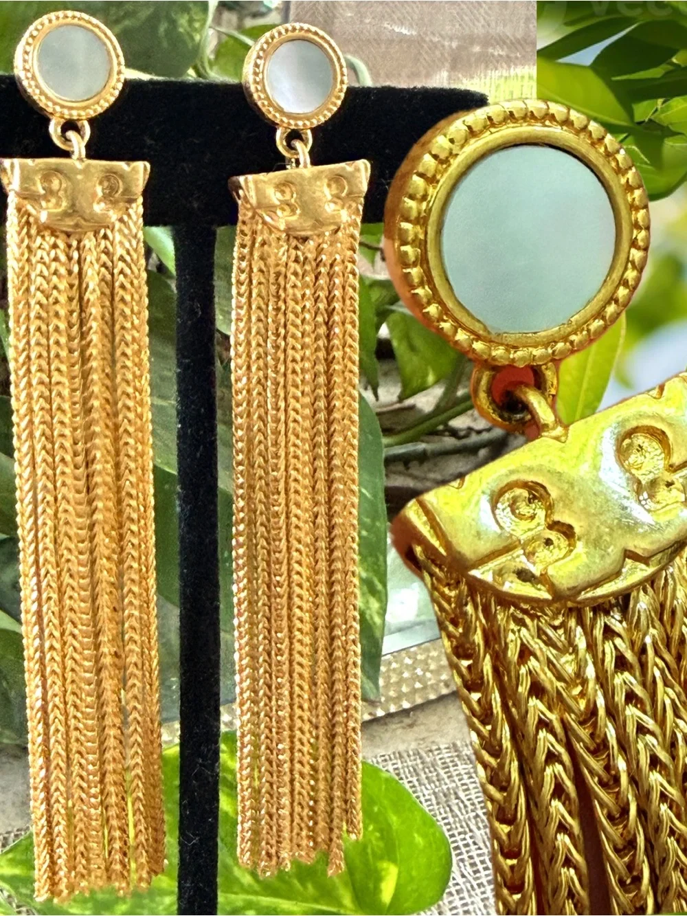 Tory Burch Dramatic Gold ChainTassel Earrings MOP Cabochon Pierced/Post